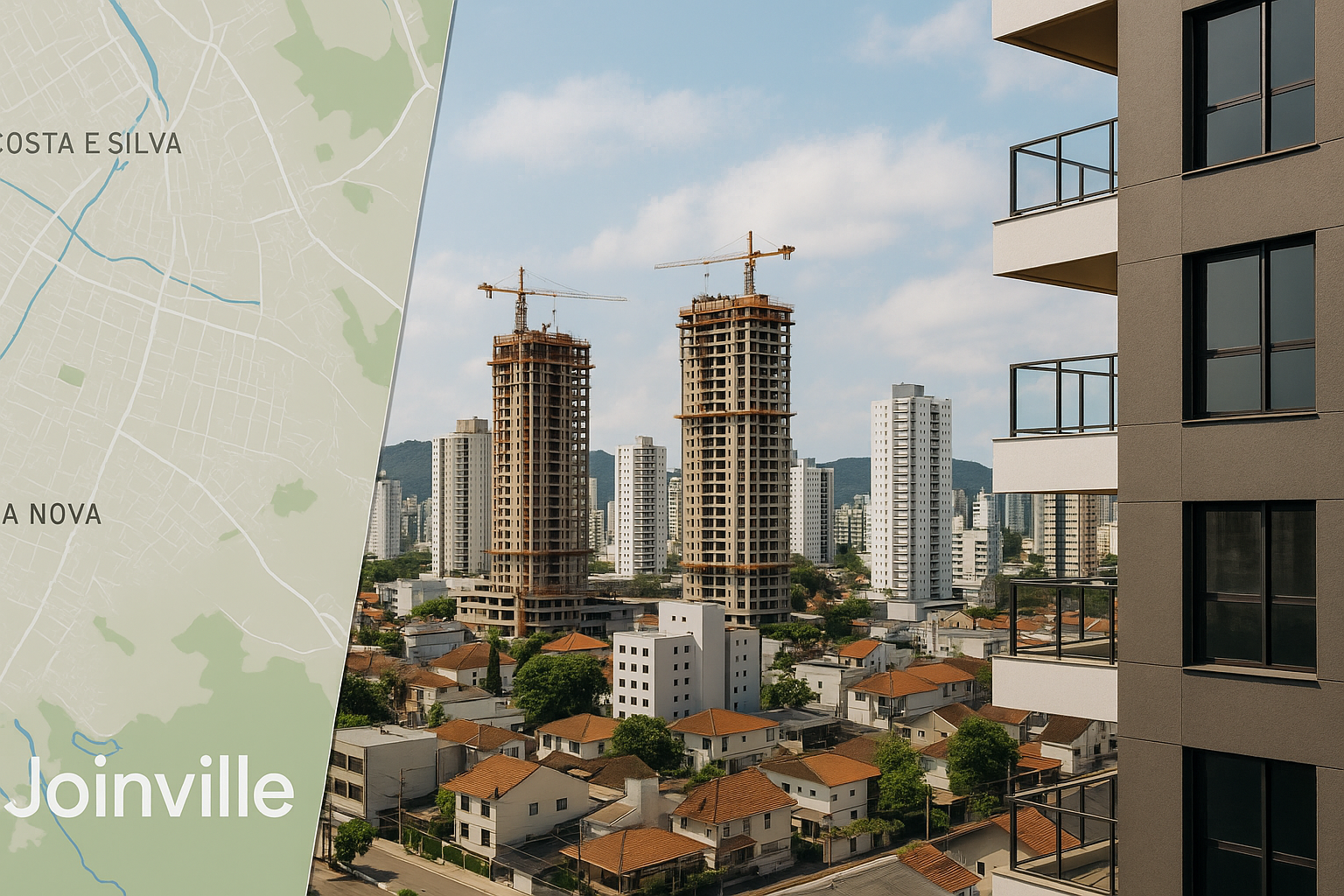 magem dos bairros mais valorizados de Joinville, com destaque para Costa e Silva, Vila Nova e Anita Garibaldi, mostrando empreendimentos modernos e áreas de expansão imobiliária.